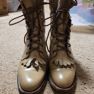 Rare!  Vintage Justin Lace-up Roper Kiltie Boots, Beige, size 4.5B